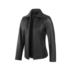 Women's Black Shirt Collar Harrington Lightweight Leather Jacket