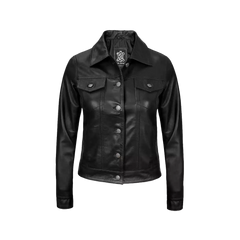 Women Black Trucker Leather Jacket