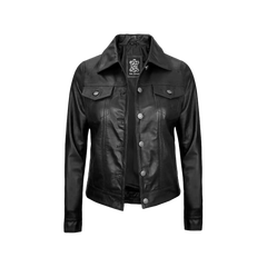 Women Black Trucker Leather Jacket