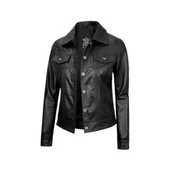 Women Black Trucker Leather Jacket