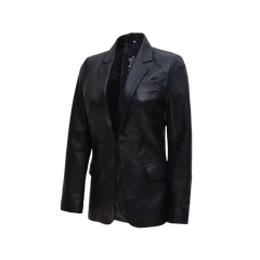 Women's Two Button Black Leather Blazer