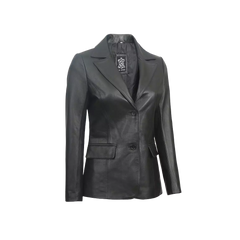 Women's Two Button Black Leather Blazer Jacket