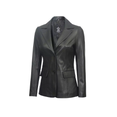 Women's Two Button Black Leather Blazer Jacket