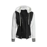 Women's Black and White Hooded Varsity Jacket - Baseball Style