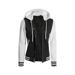 Women's Black and White Hooded Varsity Jacket - Baseball Style