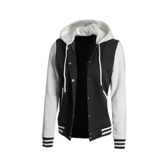 Women's Black and White Hooded Varsity Jacket - Baseball Style