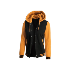 Women's Black & Yellow Hooded Varsity Bomber Jacket - Baseball Style