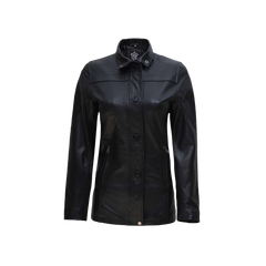 Women's Black Zipper + Button Closure 3/4 Length Leather Car Coat