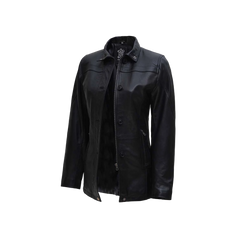 Women's Black Zipper + Button Closure 3/4 Length Leather Car Coat