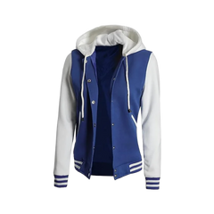 Women's Letterman Blue and White Varsity Jacket With Hood