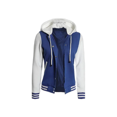 Women's Letterman Blue and White Varsity Jacket With Hood