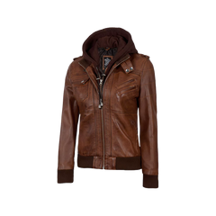 Women's Bomber Cognac Brown Leather Jacket with Removeable Hood