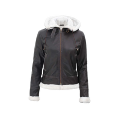 Women's Bomber Shearling Leather Jacket with Removable Hood