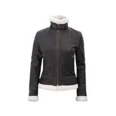 Women's Bomber Shearling Leather Jacket with Removable Hood