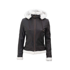 Women's Bomber Shearling Leather Jacket with Removable Hood