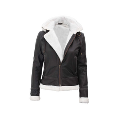 Women's Bomber Shearling Leather Jacket with Removable Hood