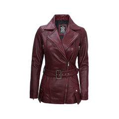 Women's Burgundy Asymmetrical Real Leather Biker Jacket
