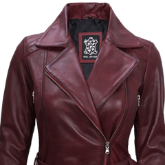 Women's Burgundy Asymmetrical Real Leather Biker Jacket