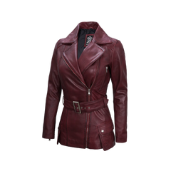 Women's Burgundy Asymmetrical Real Leather Biker Jacket
