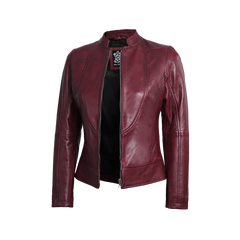 Women's Burgundy Cafe Racer Leather Jacket