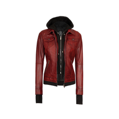 Women's Burgundy Hooded Leather Jacket