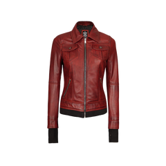 Women's Burgundy Hooded Leather Jacket
