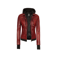 Women's Burgundy Hooded Leather Jacket