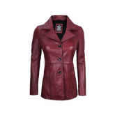 Women's Real Leather Burgundy Blazer with Three Button