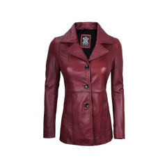 Women's Real Leather Burgundy Blazer with Three Button