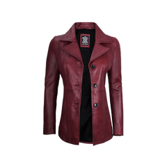 Women's Real Leather Burgundy Blazer with Three Button