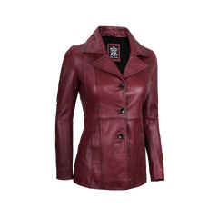Women's Real Leather Burgundy Blazer with Three Button