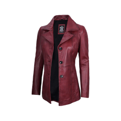 Women's Real Leather Burgundy Blazer with Three Button