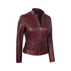 Women's Burgundy Leather Cafe Racer Jacket