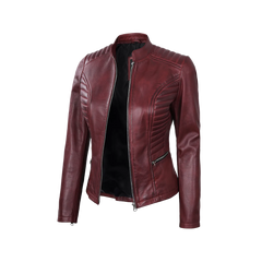 Women's Burgundy Leather Cafe Racer Jacket