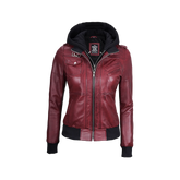Women's Burgundy Leather Jacket with Removable Hood