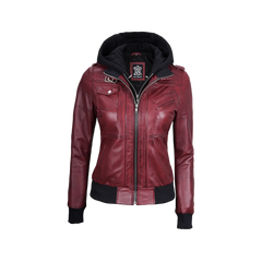 Women's Burgundy Leather Jacket with Removable Hood
