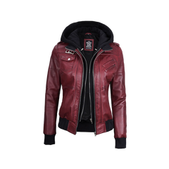 Women's Burgundy Leather Jacket with Removable Hood