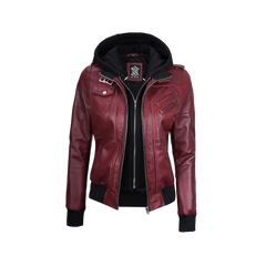 Women's Burgundy Leather Jacket with Removable Hood