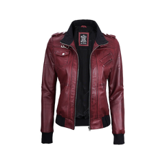 Women's Burgundy Leather Jacket with Removable Hood