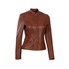 Women's Cafe Racer Cognac Brown Leather Jacket