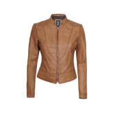 Women's Camel Brown Cafe Racer Leather Jacket