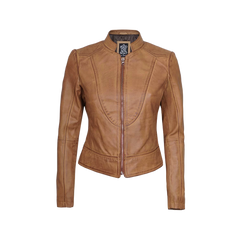Women's Camel Brown Cafe Racer Leather Jacket