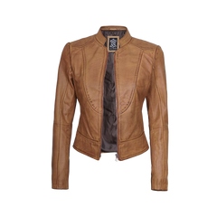 Women's Camel Brown Cafe Racer Leather Jacket