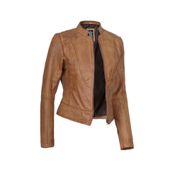 Women's Camel Brown Cafe Racer Leather Jacket