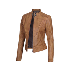 Women's Camel Brown Cafe Racer Leather Jacket