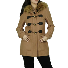Women's Camel Brown Fur Hooded Wool Coat