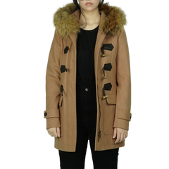 Women's Camel Brown Fur Hooded Wool Coat