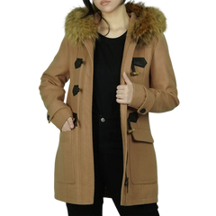 Women's Camel Brown Fur Hooded Wool Coat