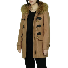 Women's Camel Brown Fur Hooded Wool Coat