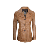 Women's Three Button Camel Brown Real Leather Blazer